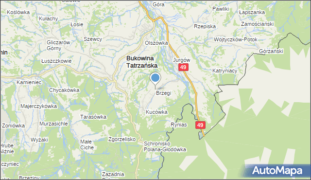 mapa Brzegi, Brzegi gmina Bukowina Tatrzańska na mapie Targeo